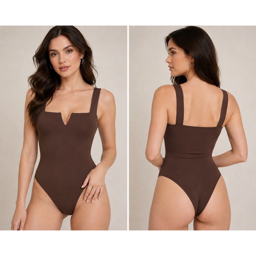 Avidlove Mocha Brown Square Neck Teddy Bodysuit Wide Strap Medium NWT Chic - Picture 2 of 8